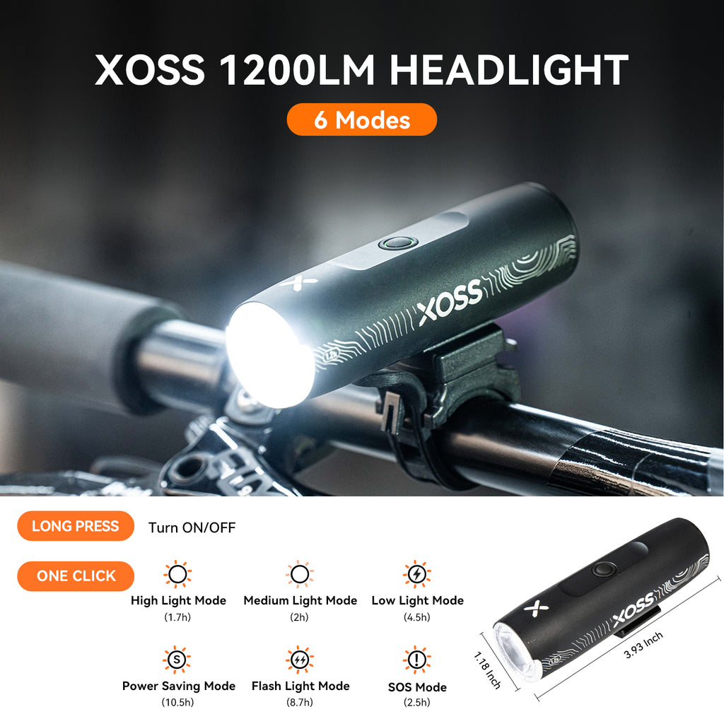 XOSS 1200 Lm Bike Light XL1200 Headlight Waterproof Type-C Rechargeable Front Lamp Bicycle Light Aluminum Ultralight Flashlight - XOSS.CO