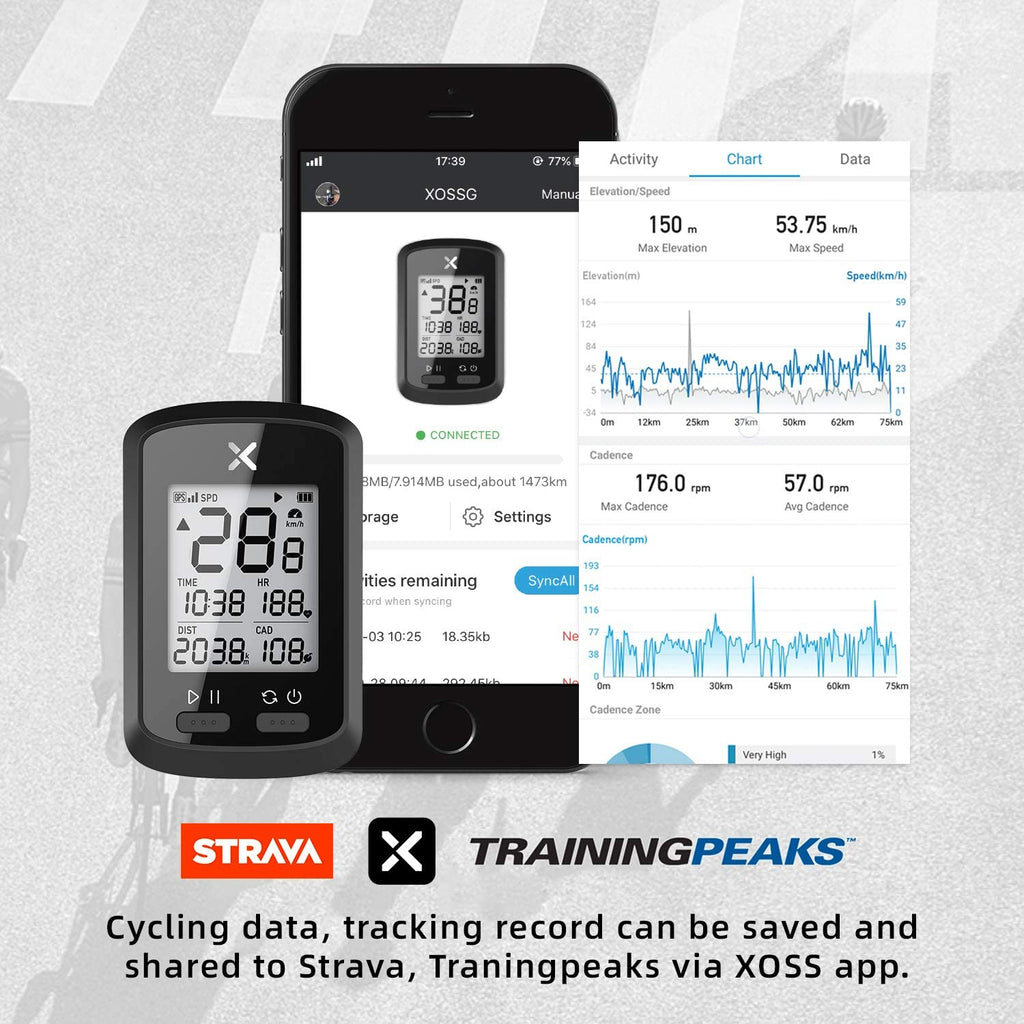 XOSS G+ GPS Bike Computer combo, with optional cadance and heart rate sensor - XOSS.CO
